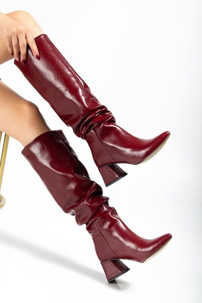 Zerenyus Zri̇n-2002 Premium Burgundy Wrinkled Patent Leather Bellows Pointed Toe Thick Heeled Boots
