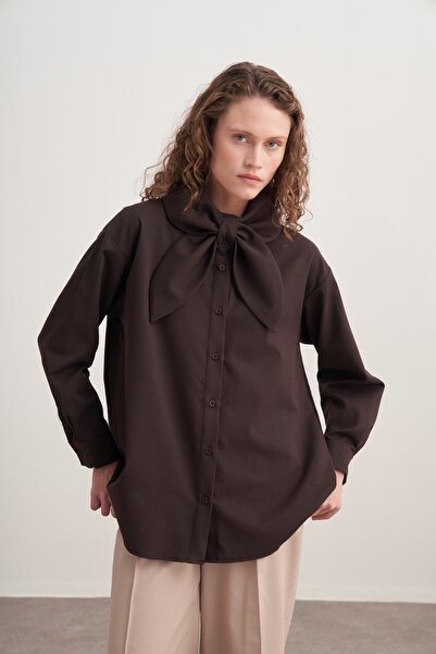 EBU Prive Women's Gabardine Collar Detailed Shirt Brown