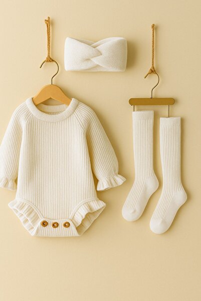 Minytrendy Baby Girl Newborn Knitwear Romper Set Thessaloniki Knitted Bandana & Socks Baby Gift Set