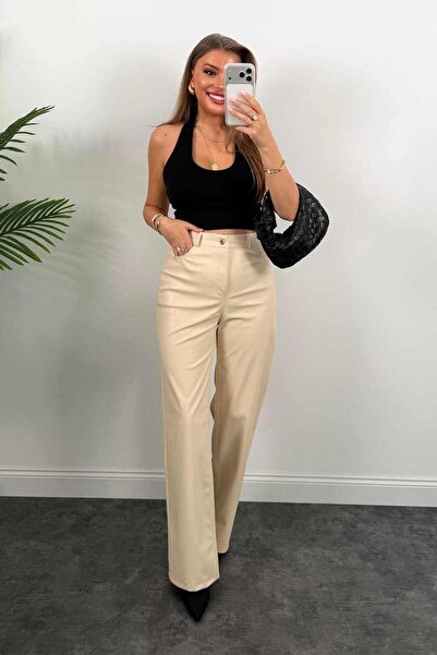LUV STUDİOS CO Bej Şardonlu Yüksek Bel Premium Kalite Yumuşak Deri Palazzo Pa...
