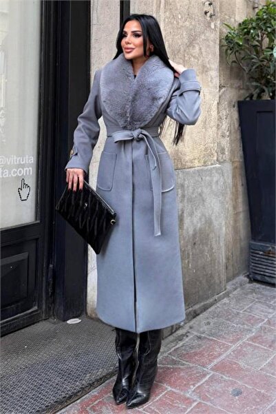 Neşeli Butik Жіночий пальто з капюшоном, з поясом, з хутром, повний довжина NBSTR1003