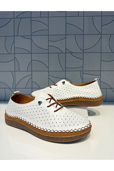 Anıl Ayakkabı Napa 8208 Pantofi sport casual pentru femei, alb, din piele naturală, cu detaliu de șireturi din cauciuc