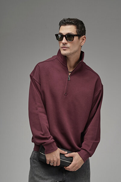 Butik Trend Biz Mock Neck Zippered Embroidered Back Oversized Sweatshirt