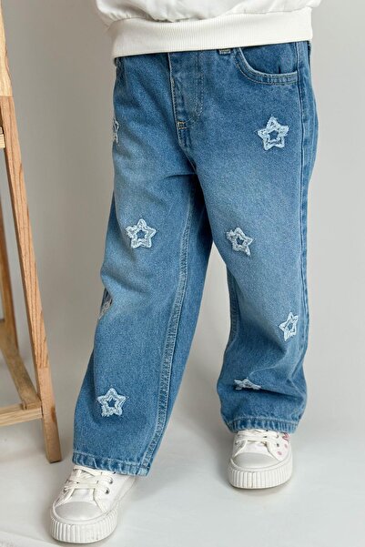 Breeze Girl's Jeans with Star Embroidery, Elastic Waist with Buttons, Ages 1.5-5, Light Blue
