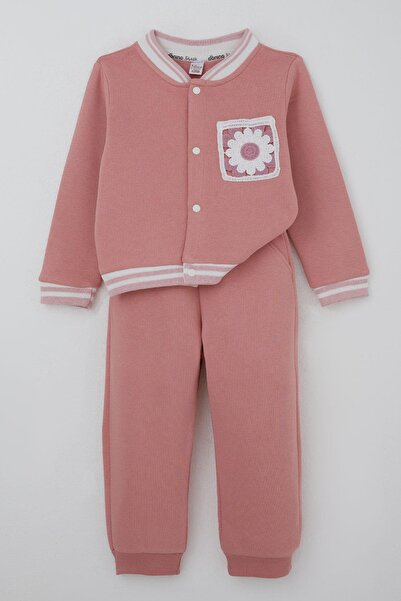 Donino Baby Donino Girls' Tracksuit Set with Floral Knit Pocket Detail and Snap Fasteners, Ages 2-5, Dusty Rose