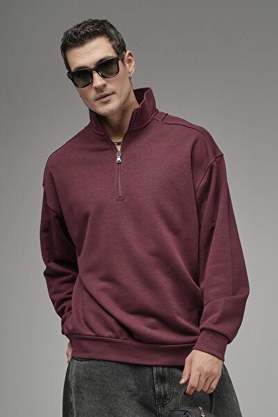 Butik Trend Biz Mock Neck Zippered Embroidered Back Oversized Sweatshirt