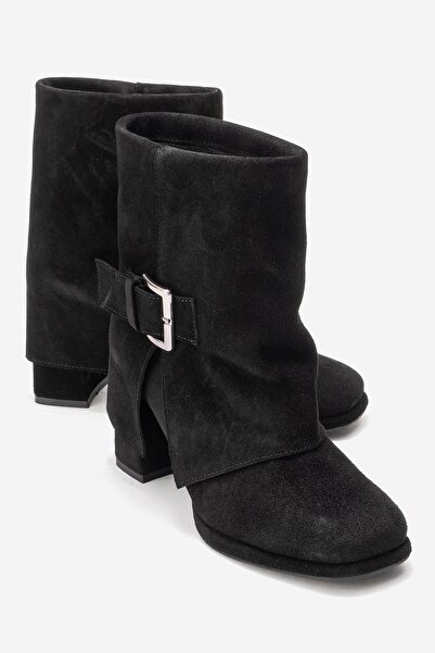 LuviShoes Lore Black Suede Genuine Leather Buckle Women's Heeled Boots