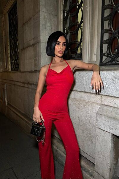 Neşeli Butik Women's Thin Strap Halter Neck Glitter Jumpsuit Nbdf149