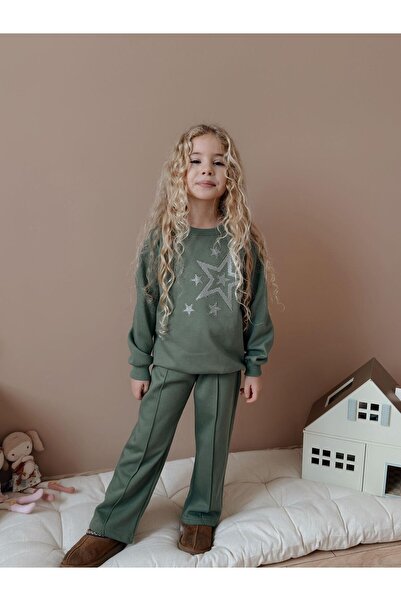 Patriko New Season Stylish Star-Detail Green-Pink Fleece Inside Top and Bottom Set for Girls