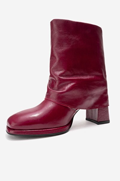 LuviShoes Lore Burgundy Wrinkled Patent Leather Genuine Leather Buckle Women's Heeled Boots