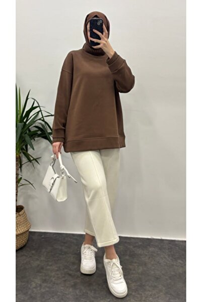 Suede Style 5318 - Comfortable, Loose Sleeve Collar Knitwear Detailed Women's Sweatshirt
