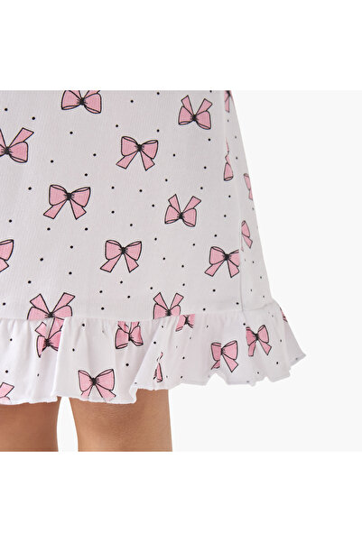 Juniors Bow Print Long Sleeves Night Dress with Flounce Hem