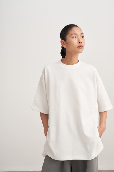 EBU Prive Tricou interlock cu mânecă scurtă pentru femei O supradimensionat Ecru