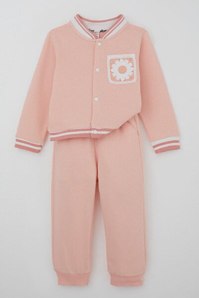Donino Baby Donino Girls' Tracksuit Set with Floral Knit Pocket Detail and Snap Fasteners, Ages 2-5, Salmon