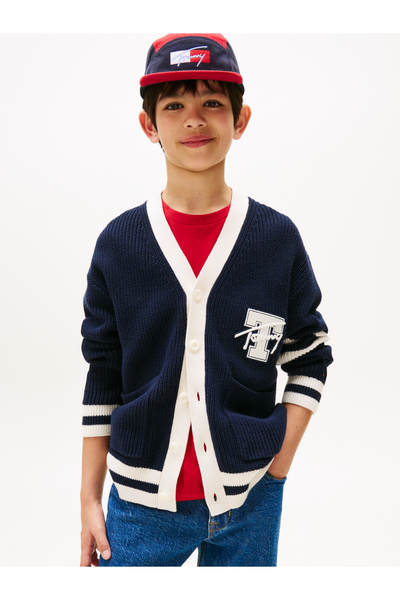 Tommy Hilfiger Boys Navy Blue Varsity Logo V-Neck Cardigan