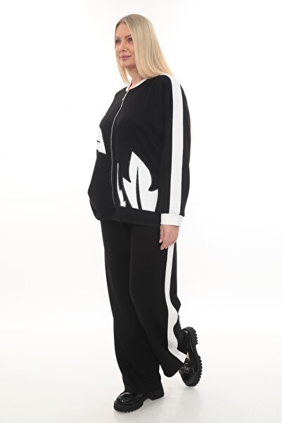 zitex Modal Fabric Plus Size Tracksuit Set with Print and Stone Detailing and Side Stripes
