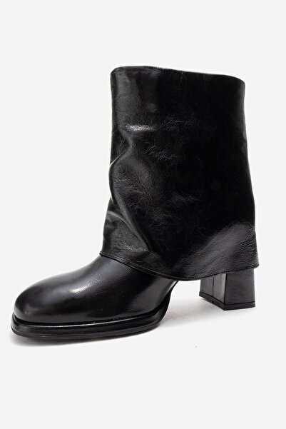 LuviShoes Lore Black Wrinkled Patent Leather Genuine Leather Buckle Women's Heeled Boots
