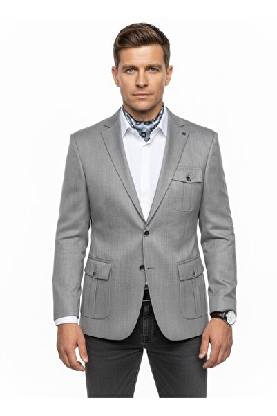 Plus Scorpion Ανδρικό μπλέιζερ εφαρμοστό γκρι – Μονό κουμπί – Τσέπες με πτερύγια – Κομψή υφασμάτινη υφή – Casual & Office Com