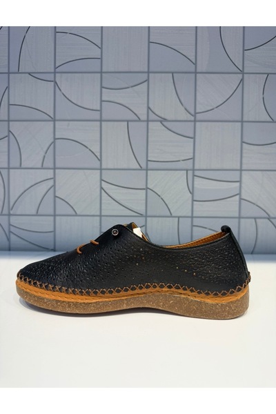 Anıl Ayakkabı Napa 8208 Women's Black Genuine Leather Rubber Lace Detail Casual Sports Shoes