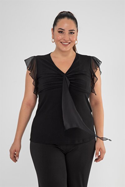 Roxxlen Γυναικεία μπλούζα σιφόν μεγάλου μεγέθους συνδυασμός υφασμάτων Μαύρη 111398