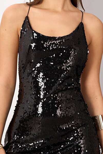 VAGGON Women's Black String Strap Backless Sequined Midi Skirt Vs01685