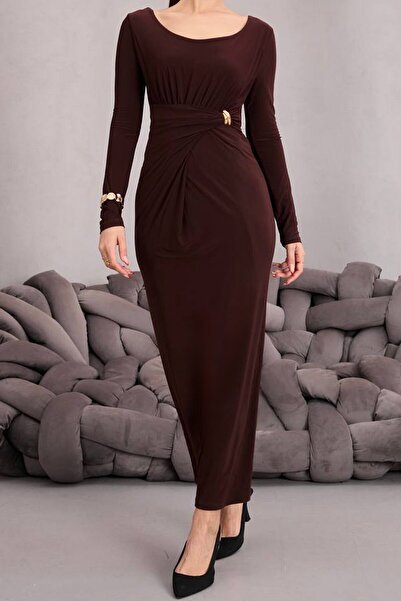 VAGGON Γυναικείο φόρεμα με λεπτομέρεια με πόρπη σε καφέ πικρό χρώμα ντραπέ Midi φόρεμα Vs01669