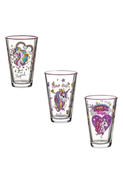 OEM Pahare de sticlă cu model de unicorn pentru copii 300ml - 3 bucăți