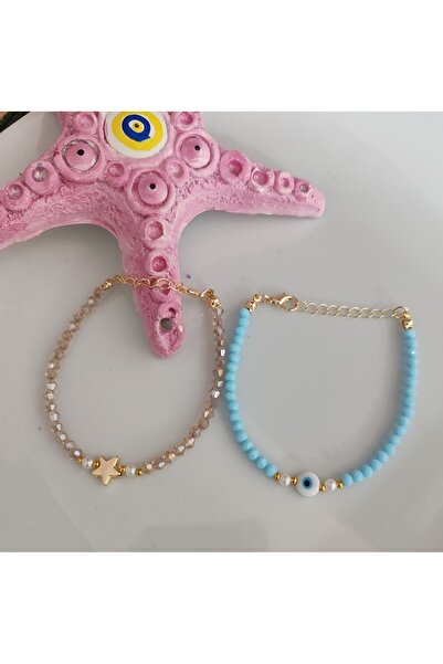 elbi bijuteri سوار مزدوج بلون العسل والكريستال الأزرق