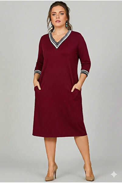 Curvy Trend Plus Size Collar and Sleeve Tip Stripe Long Sleeve Viscose Dress