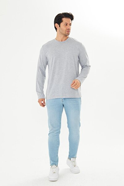 TRENDHİLL Ανδρικό βαμβακερό μπλουζάκι με μακρυμάνικο λαιμόκοψη γκρι μελανζέ 5020-G