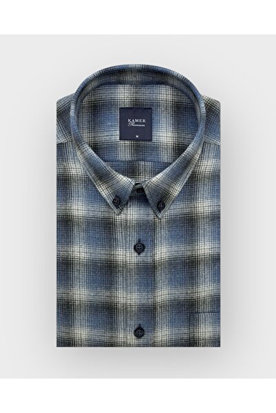 KAMER REGULAR FIT KIŞLIK UZUN KOLLU DÜĞMELİ YAKA EKOSE MAVİ GÖMLEK 4042M