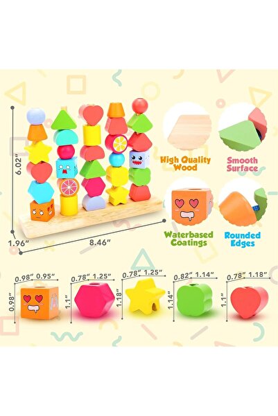 Generic Andanna Montessori Wooden Bead Sequencing Set with String and Matching Shapes for Ages 2-4