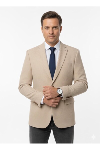 Plus Scorpion Men's Beige Slim Fit Blazer Jacket – Striped Textured Fabric – Double Breasted