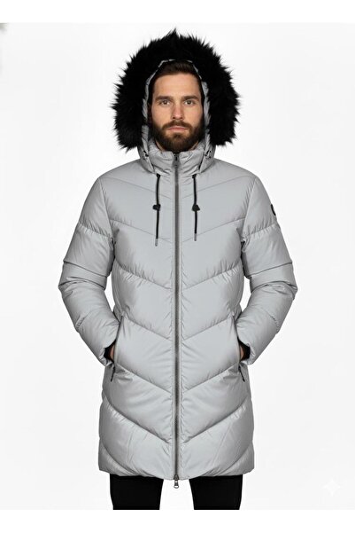 Plus Scorpion Men's Long Hooded Down Jacket, Zipper Pockets