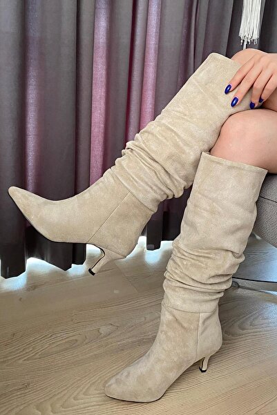 asmi shoes Γυναικείες μπότες Tamara Cream Suede Bellows με μυτερό νύχι με τακούνι