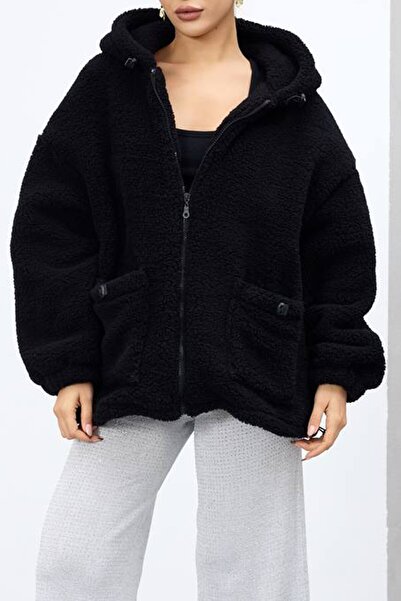 VAGGON Women's Black Double Pocket Zipper Closure Hooded Plush Jacket Vs01682
