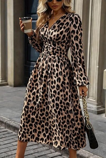 Mossta decolteu petrecut în V Rochie Midi Modal cu talie înaltă - Leopard