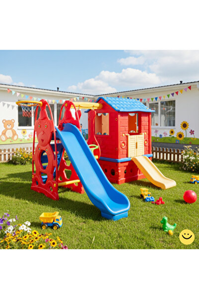 MUPARK Oyun Evi Kaydırak Salıncak Basket Potası 3'ü 1 Arada Set Bahçe Kreş Anaokulu Uyumlu