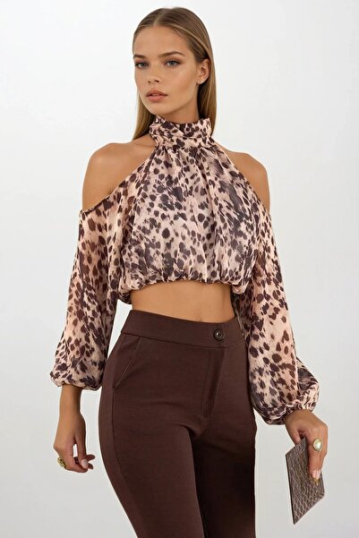 VAGGON Women's Leopard Halter Neck Leopard Print Crop Blouse Vs01677