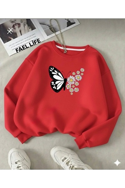 FAEL LİFE KADIN/KIZ SIFIR YAKA KELEBEK PAPATYA BASKI KAZAK GENİŞ KESİM