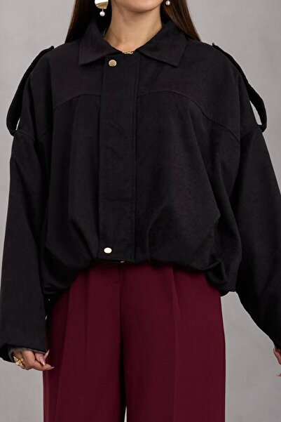 VAGGON Γυναικείο μπουφάν με μαύρη ζώνη με λεπτομέρεια με φερμουάρ και επένδυση Bomber Suede Vs01670