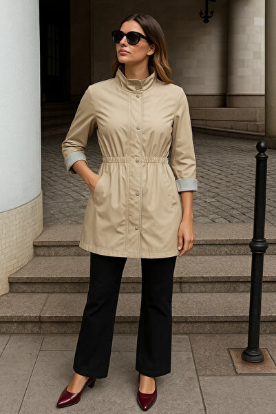 comstar Γυναικεία κοντή καμπαρντίνα με ριγέ μπεζ με φερμουάρ