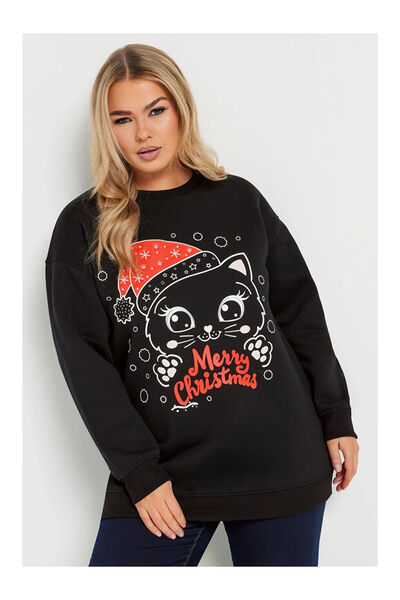LC Waikiki Siyah Büyük Beden Yılbaşı Temalı Bisiklet Yaka Uzun Kollu Sweatshi...