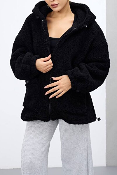 VAGGON Women's Black Double Pocket Zipper Closure Hooded Plush Jacket Vs01682