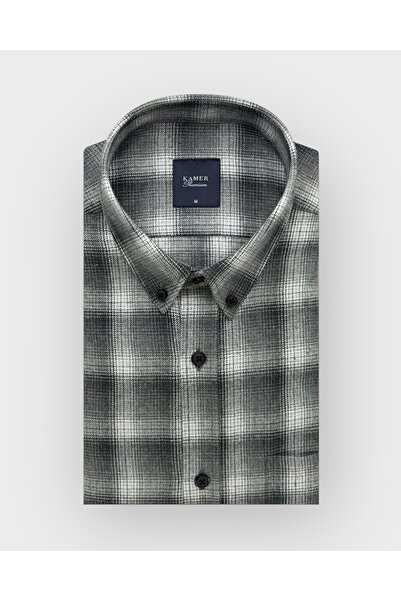 KAMER Regular Fit Winter Long Sleeve Button-Up Collar Plaid Grey Shirt 4042g