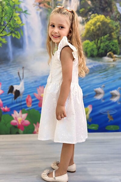 Breeze Girl's Dress with Floral Embroidery and Bow Accessories, Ages 2-6, Ecru