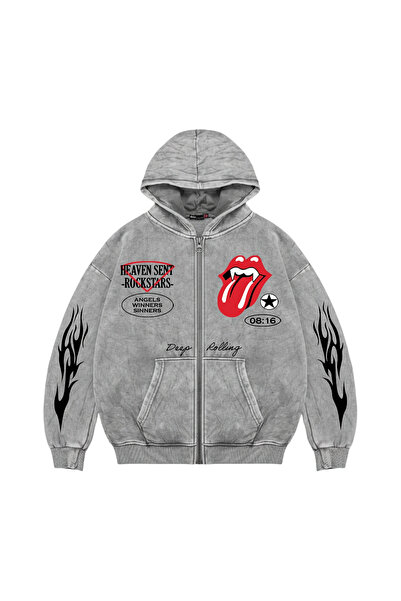 Sokak Butik Deep Rolling Baskılı Fermuarlı Zip Kapüşonlu Unisex Yıkamalı Beya...