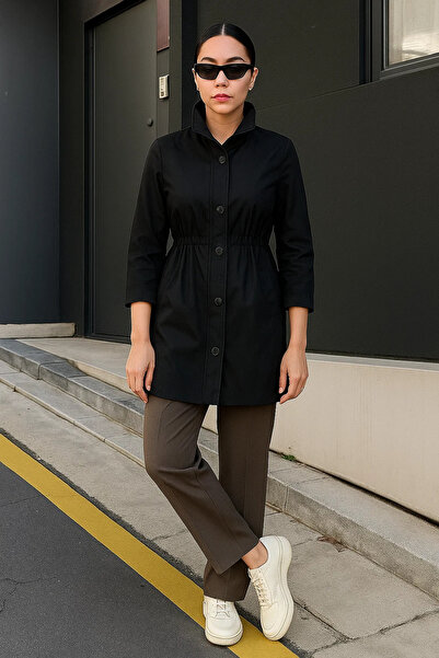 comstar Trench scurt negru basic căptușit cu dungi pentru femei