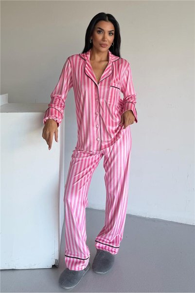 COCCOLARSI Strisce Rosa Scuro Chiaro Kadife Uzun Pijama Takımı