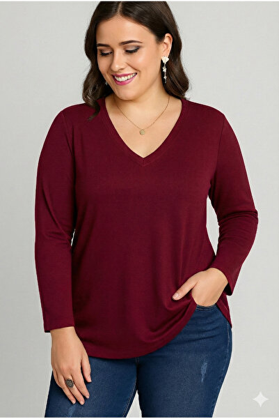 Curvy Trend Plus Size V-Neck Long Sleeve Wide Hem Blouse